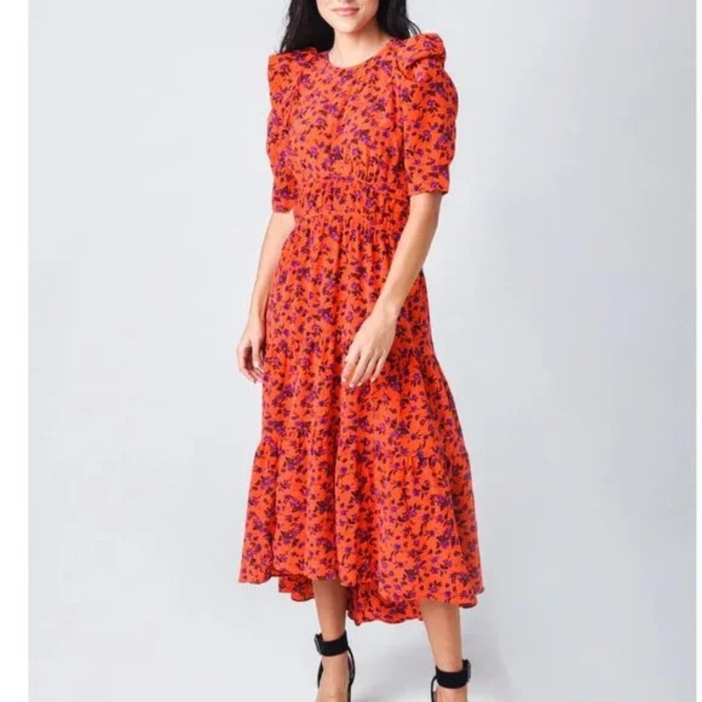 JOIE NADEEN SILK MIDI DRESS Puff Sleeve Dress